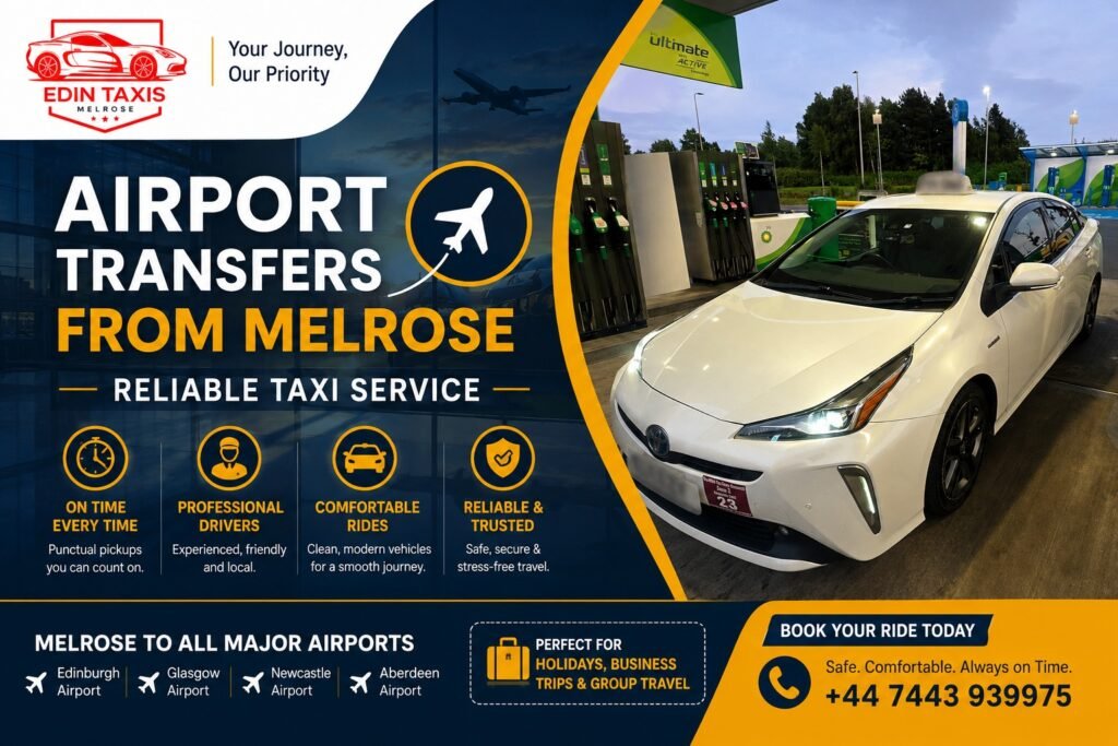 Airport Transfers from Melrose Travelling to or from the airport should be simple, comfortable, and stress-free. Whether you're flying for business, heading off on holiday, returning home, or welcoming visiting family members, reliable transportation plays a vital role in ensuring a smooth journey. For residents and visitors in Melrose, professional airport transfer services provide a convenient alternative to driving, public transport, or arranging lifts from friends and family. Instead of worrying about parking charges, train connections, or traffic delays, passengers can enjoy direct transportation from their chosen pickup location to the airport terminal. As air travel continues to grow across Scotland, airport transfer services have become one of the most requested transportation solutions in the Scottish Borders. A professionally arranged airport taxi offers reliability, flexibility, and peace of mind that many travellers value. This guide explains the benefits of airport transfers from Melrose, what passengers should expect from a professional service, and why many travellers choose Edin Melrose Taxis for airport transportation. Quick Answer: Why Choose Airport Transfers from Melrose? Airport transfer services offer: Door-to-door transportation Reliable pickup schedules Comfortable travel Professional drivers Assistance with luggage No airport parking costs Convenient pre-booking options Stress-free travel planning For most travellers, a dedicated airport transfer provides the easiest and most dependable way to reach the airport. What Are Airport Transfer Services? An airport transfer is a pre-arranged transportation service that takes passengers directly between their location and the airport. Unlike public transport, airport transfers are designed around the passenger's travel schedule. Common airport transfer journeys include: Home to airport Airport to hotel Hotel to airport Business location to airport Railway station to airport Because the service is tailored to individual travel requirements, passengers benefit from greater convenience and flexibility. Why More Travellers Are Choosing Airport Transfers Modern travel often involves tight schedules and complex itineraries. Passengers need transportation that is: Reliable Comfortable Punctual Easy to arrange Airport transfers help eliminate many common travel concerns. Instead of navigating unfamiliar routes or managing public transport connections, passengers can focus on their trip while a professional driver handles the journey. As a result, airport transfers remain one of the most popular transportation choices among both leisure and business travellers. Popular Airports Served from Melrose Residents of Melrose regularly travel to several major airports. Edinburgh Airport Edinburgh Airport is the most commonly used airport for travellers in the Scottish Borders. It offers: Domestic flights European destinations International connections Business travel routes Many passengers choose private airport transfers because they provide direct access to the terminal. Glasgow Airport Glasgow Airport serves a wide range of domestic and international routes. Professional airport transfers offer a comfortable solution for longer journeys. Newcastle International Airport Newcastle Airport is another popular option for travellers in the Borders region. A dedicated taxi transfer helps simplify the journey and ensures timely arrival. Why Choose Edin Melrose Taxis for Airport Transfers? Reliable transportation starts with a trusted local provider. Edin Melrose Taxis offers professional airport transfer services throughout Melrose and the Scottish Borders. Contact Information Edin Melrose Taxis 📞 Phone: +44 7443 939975 📧 Email: edintaxismelrose@gmail.com 📍 Address: 21 Dingleton Road, Melrose, Scotland, TD6 9QS Airport Transfer Services Include Edinburgh Airport transfers Glasgow Airport transfers Newcastle Airport transfers Pre-booked airport transportation Business travel transfers Holiday travel transportation Family airport transfers Passengers can arrange transportation in advance for greater convenience and peace of mind. Benefits of Pre-Booked Airport Transfers One of the biggest advantages of airport transportation is the ability to book in advance. Guaranteed Availability Travel often takes place during busy periods. Advance reservations help secure transportation when demand is high. Better Travel Planning Knowing your transport is arranged allows you to focus on other aspects of your journey. Reduced Stress Last-minute travel arrangements can create unnecessary pressure. Pre-booked transfers help eliminate uncertainty. Consequently, many experienced travellers reserve transportation as soon as flights are confirmed. Airport Transfers vs Driving Yourself Some passengers consider driving to the airport themselves. However, airport transfers often provide several advantages. Avoid Parking Charges Airport parking costs can quickly add up, particularly for longer trips. Using an airport transfer eliminates these expenses. No Navigation Concerns Driving unfamiliar routes can be stressful. A professional driver handles navigation and traffic management. Easier Luggage Handling Airport taxis provide direct terminal access, making luggage transportation more convenient. These benefits help explain why many travellers prefer professional airport transfers. Perfect for Business Travellers Business travel requires precision and reliability. Professionals often have: Meetings Conferences Client appointments International travel schedules Missing a flight can have significant consequences. Therefore, many business travellers rely on dedicated airport transfer services. Benefits include: Reliable pickups Comfortable travel Professional service Flexible scheduling This helps maintain productivity while reducing travel-related stress. Ideal for Families and Holiday Travel Families frequently choose airport transfers because of the convenience they provide. Travelling with: Children Multiple suitcases Hand luggage Travel equipment can make public transport challenging. A dedicated airport taxi offers direct transportation from home to the terminal, simplifying the journey for everyone involved. Local Insight: Why Airport Transfers Remain Popular According to transportation professionals across the Scottish Borders: "Passengers value certainty when travelling to the airport. A pre-booked transfer removes the worry of finding transport and helps ensure a smooth start to the journey." This reliability is one of the primary reasons airport transfers continue to grow in popularity. Supporting Tourism in the Scottish Borders Airport transfer services play an important role in local tourism. Visitors arriving from around the world often need transportation between: Airports Hotels Holiday accommodation Tourist attractions Business venues Reliable transport helps create a positive first impression of the region. As a result, airport transfer services contribute significantly to the local visitor economy. What Makes a Professional Airport Transfer Service? Passengers should expect several key qualities from an airport transfer provider. Punctuality Arriving on time is essential for airport travel. Professional Drivers Experienced drivers help ensure a safe and comfortable journey. Comfortable Vehicles Comfort improves the overall travel experience, especially on longer journeys. Excellent Customer Service Clear communication and professionalism help build passenger confidence. These qualities distinguish professional airport transfer services from other transportation options. Voice Search Questions People Ask Many travellers search online using voice assistants. Common questions include: "How do I get from Melrose to Edinburgh Airport?" "Can I pre-book an airport transfer?" "What is the best airport taxi service in Melrose?" "Are airport transfers available early in the morning?" "Why should I use an airport transfer instead of driving?" This article provides answers to these common travel questions. Why Reliability Matters for Airport Travel Unlike many local journeys, airport travel follows strict schedules. Delays can result in: Missed flights Additional expenses Travel disruptions Unnecessary stress Reliable transportation helps minimise these risks. Therefore, choosing a trusted airport transfer provider is one of the most important travel decisions passengers can make. Frequently Asked Questions What is an airport transfer service? An airport transfer is a pre-arranged transportation service that takes passengers directly to or from the airport. Can I pre-book an airport transfer from Melrose? Yes. Advance booking is recommended to ensure availability and improve travel planning. Which airports can I travel to from Melrose? Many passengers travel to Edinburgh Airport, Glasgow Airport, and Newcastle International Airport. Why choose an airport transfer instead of driving? Airport transfers eliminate parking costs, reduce stress, and provide direct terminal access. Are airport transfers suitable for business travellers? Yes. Business travellers frequently use airport transfers because of their reliability and convenience. Can families use airport transfer services? Absolutely. Airport transfers are ideal for families travelling with luggage and children. How can I contact Edin Melrose Taxis? You can call +44 7443 939975 or email edintaxismelrose@gmail.com for bookings and enquiries. Book Your Airport Transfer with Edin Melrose Taxis Whether you're travelling for business, heading on holiday, or welcoming visitors to the Scottish Borders, reliable airport transportation can make all the difference. Edin Melrose Taxis provides professional airport transfers from Melrose, helping passengers travel comfortably, safely, and on schedule. Contact Edin Melrose Taxis Today 📞 Phone: +44 7443 939975 📧 Email: edintaxismelrose@gmail.com 📍 Address: 21 Dingleton Road, Melrose, Scotland, TD6 9QS Book your airport transfer today and enjoy dependable transportation from a trusted local taxi company.